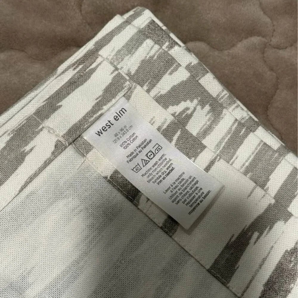2 West Elm Grey/White 48W x 90L Cotton Canvas Ikat Woograin Curtain Panels